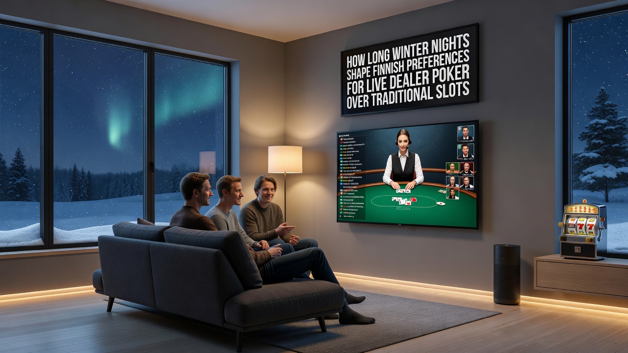 Cozy indoor scene of a Finnish player engaged in live dealer poker on a laptop during winter evening