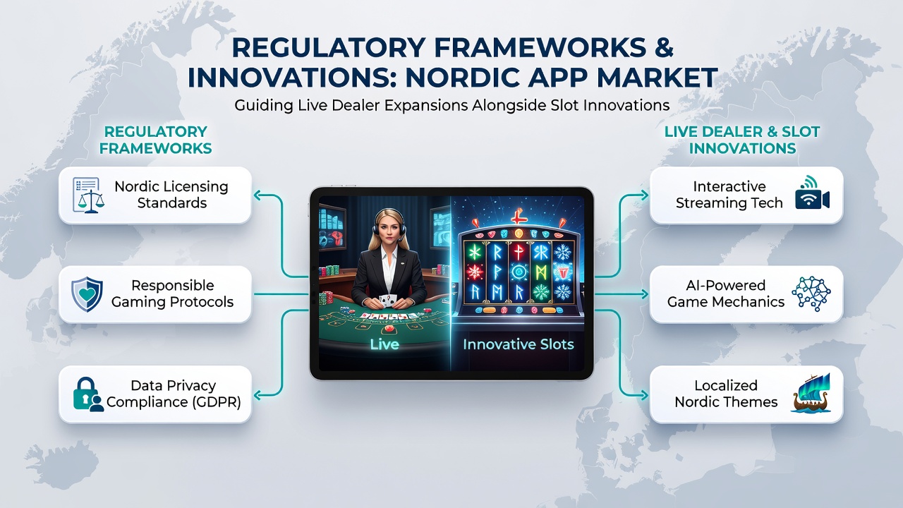 Mobile app interfaces showing synchronized live dealer tables and innovative slot mechanics under Nordic compliance review